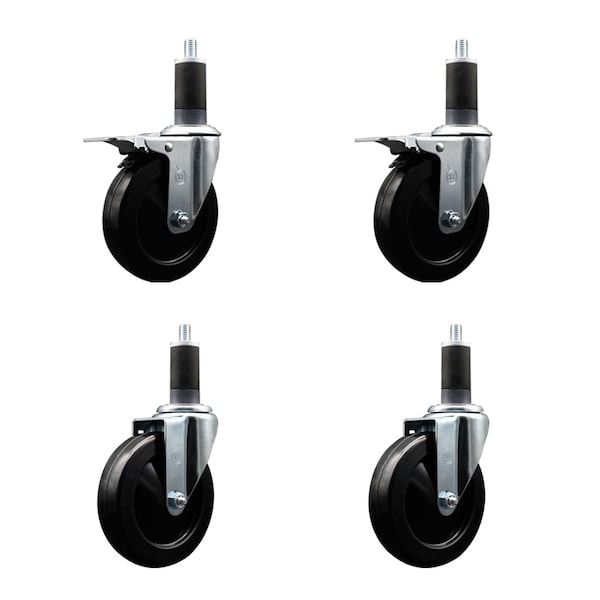 5'' Hard Rubber Swivel 1-1/4'' Expand Stem Caster Set 2 Total Lock Brakes, 4PK